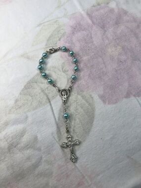 Silver Tone Chain Light Blue Beaded Hand Rosary Bracelet 6”